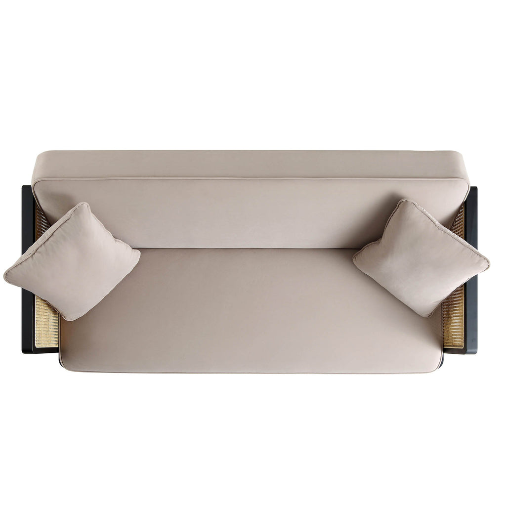 Solid Wood and Cane Sofa Bed, Taupe Velvet with Black Frame