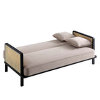 Solid Wood and Cane Sofa Bed, Taupe Velvet with Black Frame