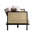 Solid Wood and Cane Sofa Bed, Taupe Velvet with Black Frame