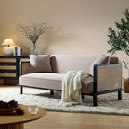 Solid Wood and Cane Sofa Bed, Taupe Velvet with Black Frame
