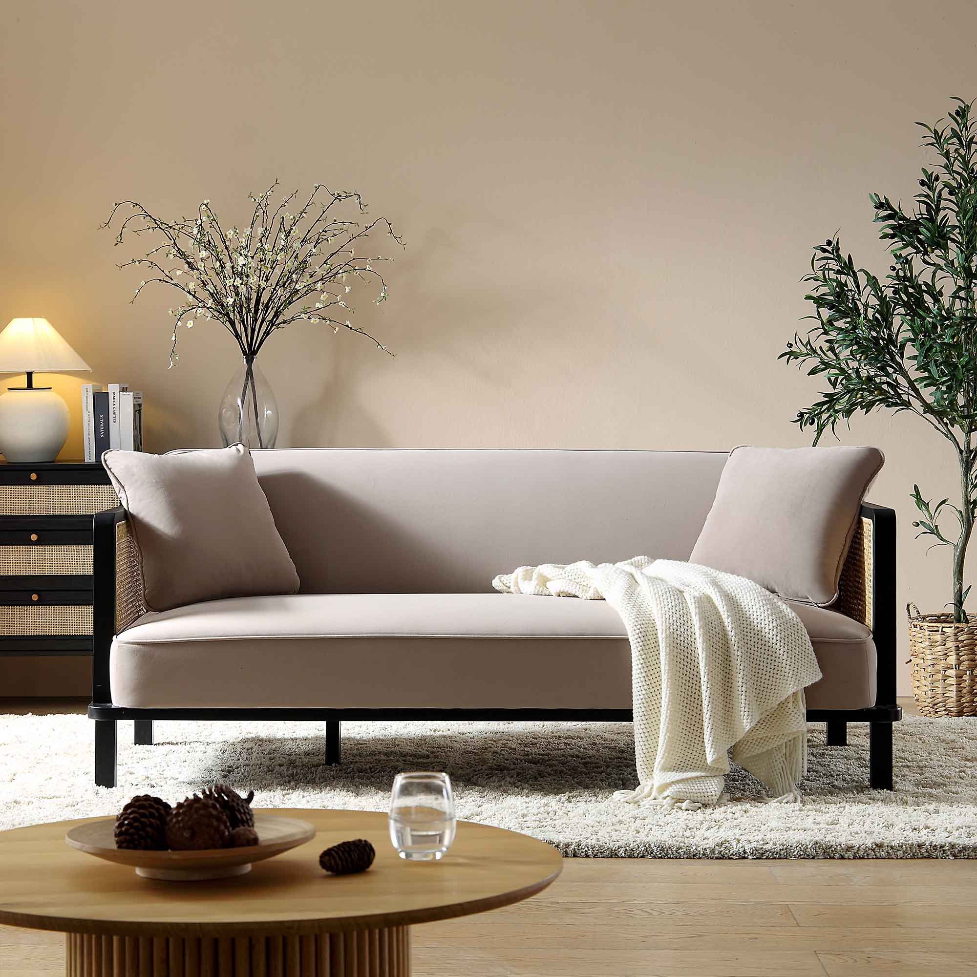 Solid Wood and Cane Sofa Bed, Taupe Velvet with Black Frame