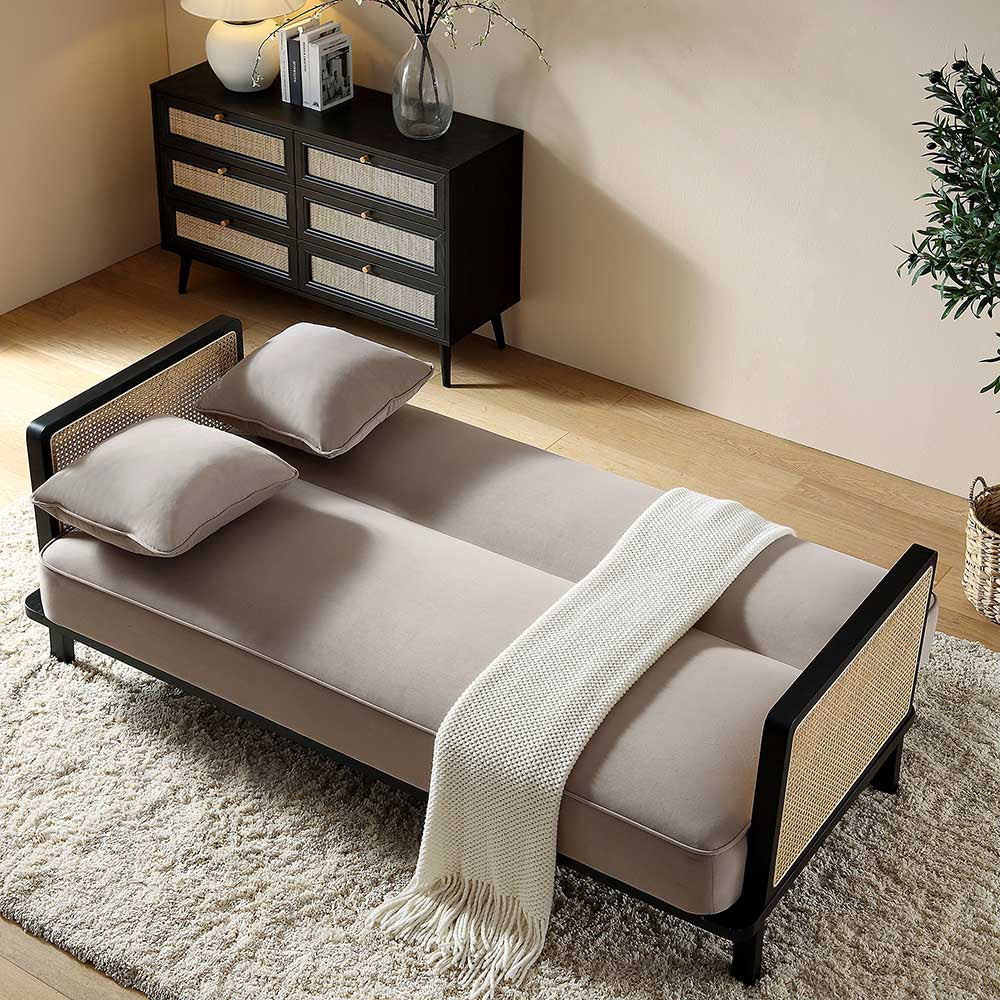 Solid Wood and Cane Sofa Bed, Taupe Velvet with Black Frame