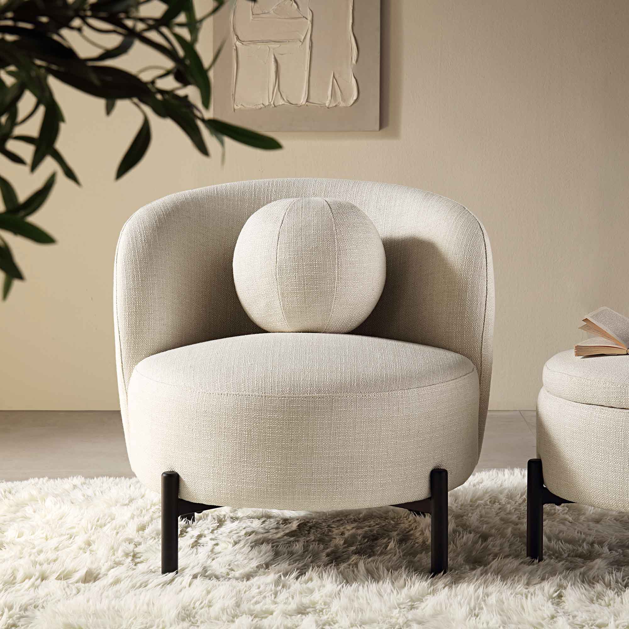 Beige linen-blend armchair with spherical seat, curved design, 31.5 inches wide, suitable for living room use.