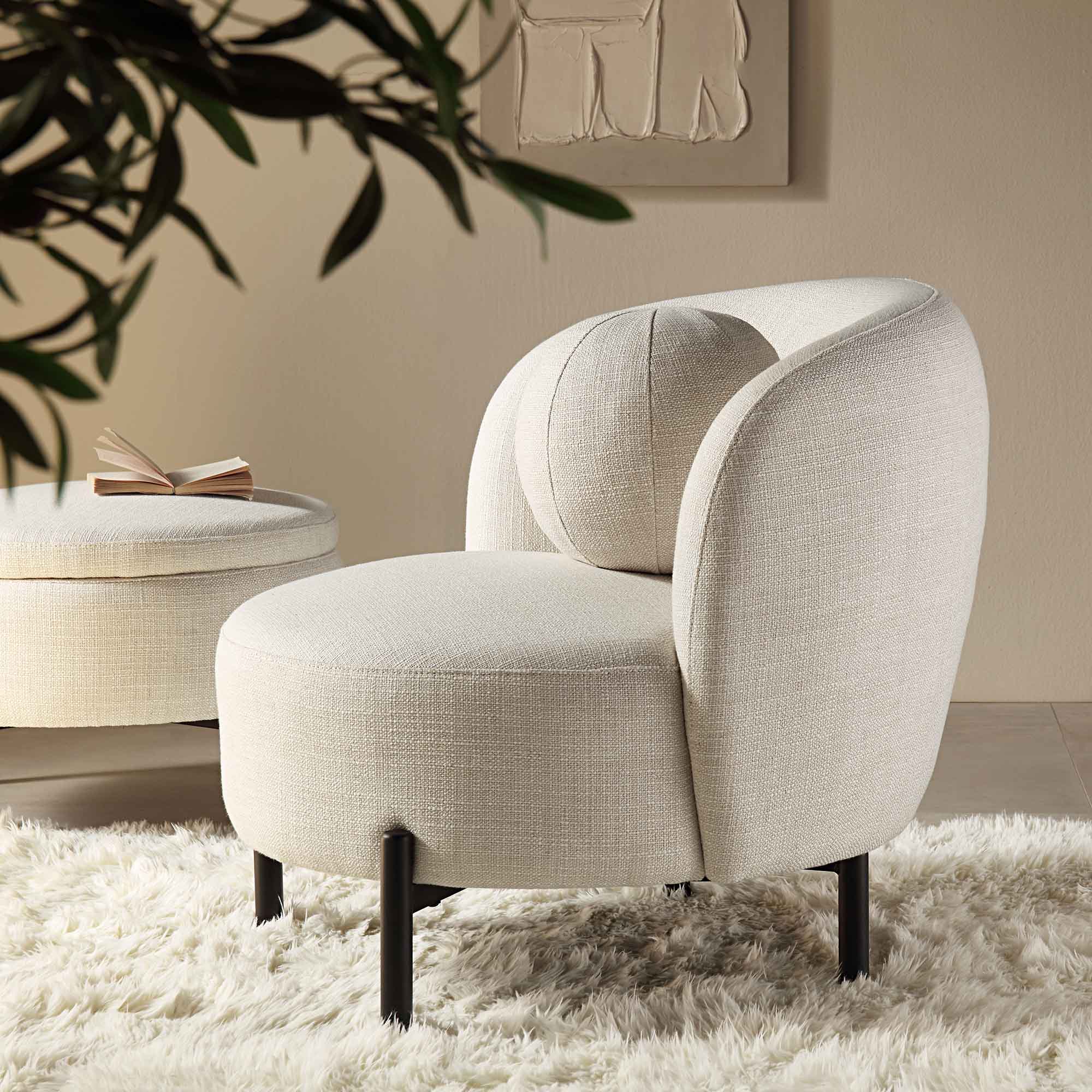 Beige linen-blend armchair with spherical seat, curved design, 31.5 inches wide, suitable for living room use.