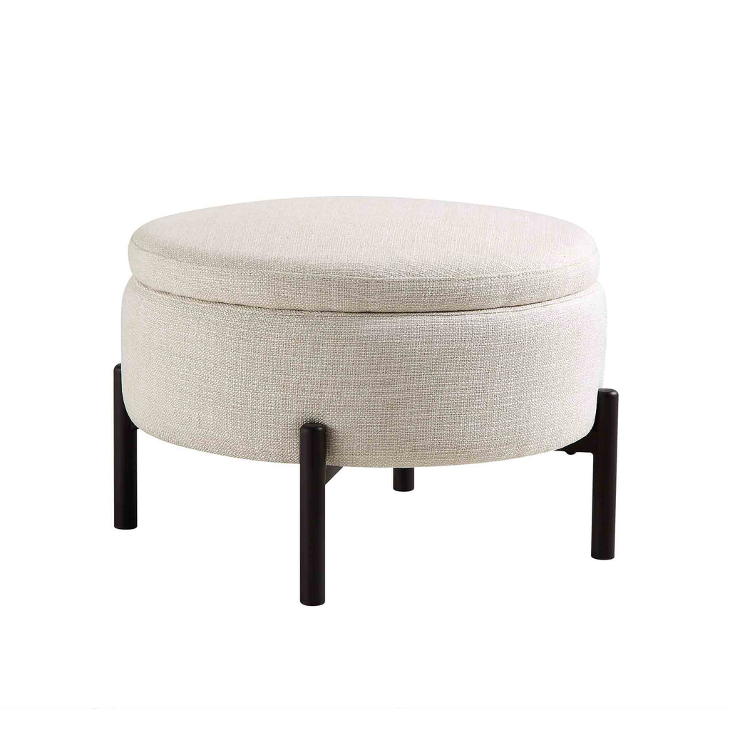 Round Storage Pouffe, Beige Linen Blend