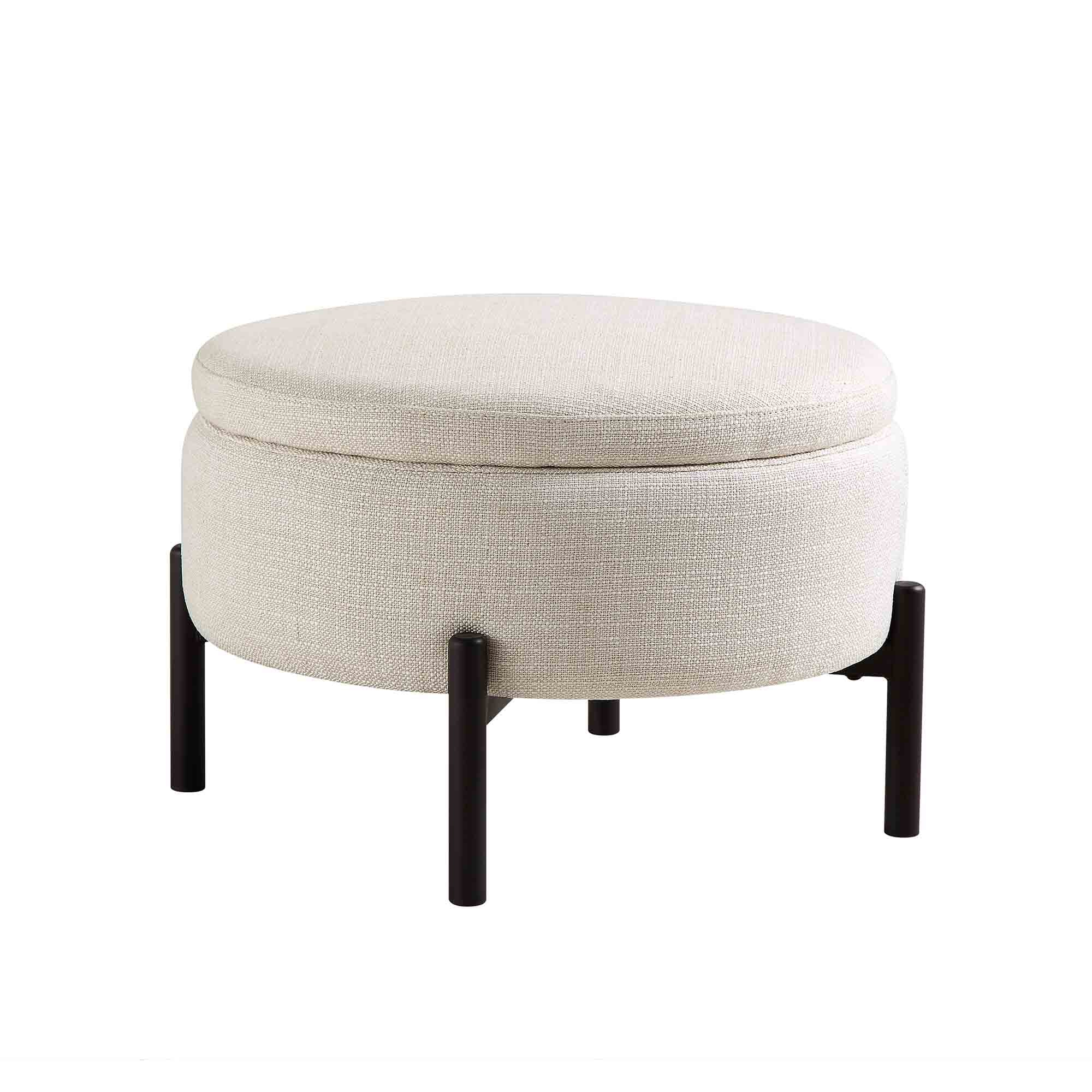 Round Storage Pouffe, Beige Linen Blend
