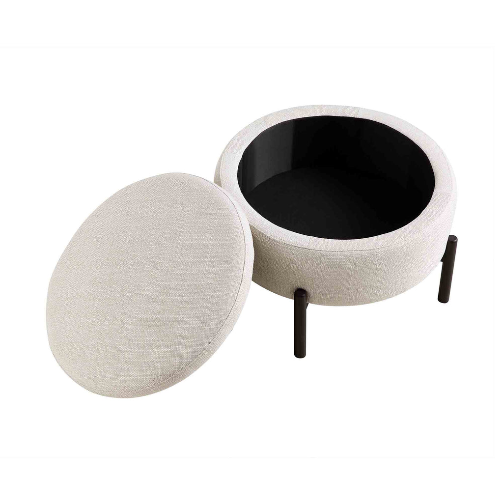Round Storage Pouffe, Beige Linen Blend