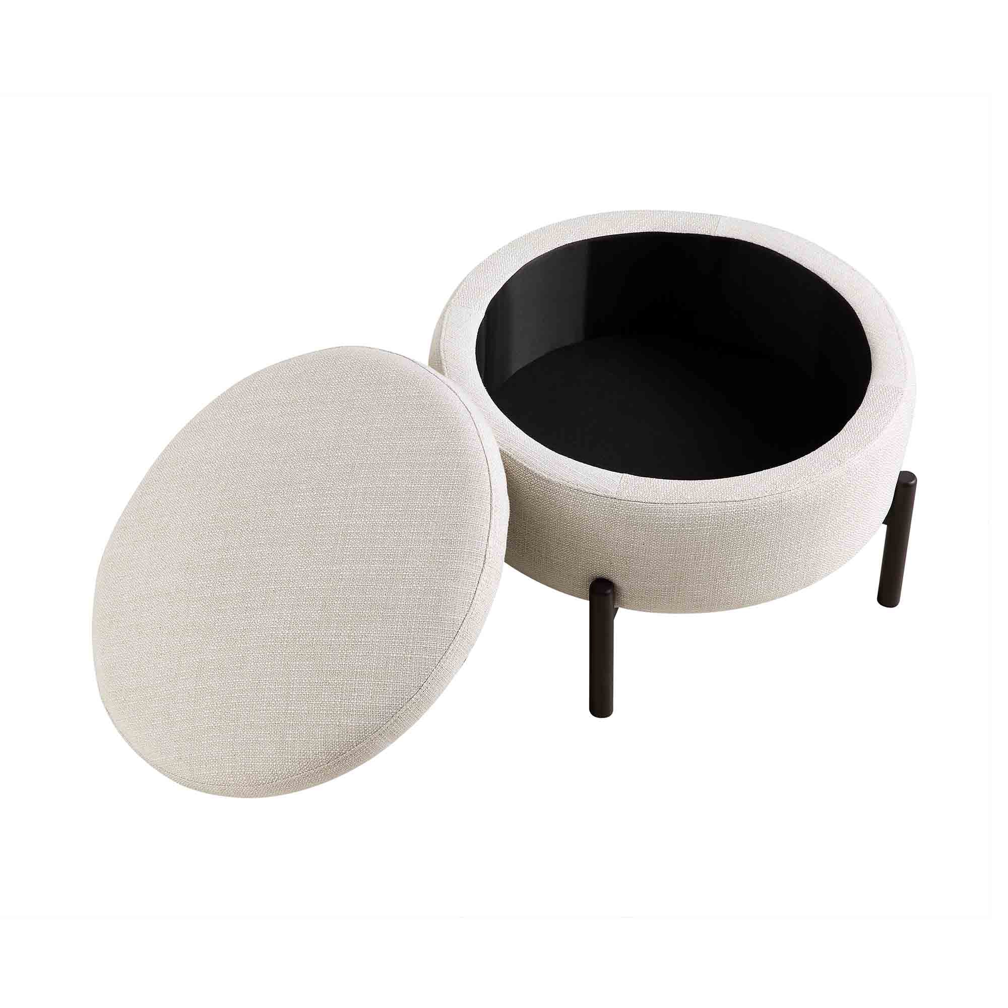 Round Storage Pouffe, Beige Linen Blend