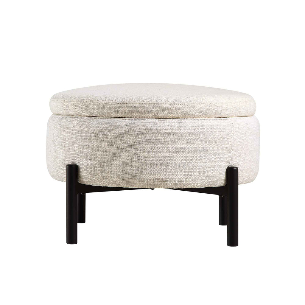 Round Storage Pouffe, Beige Linen Blend