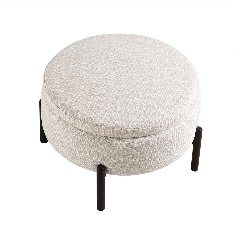 Round Storage Pouffe, Beige Linen Blend
