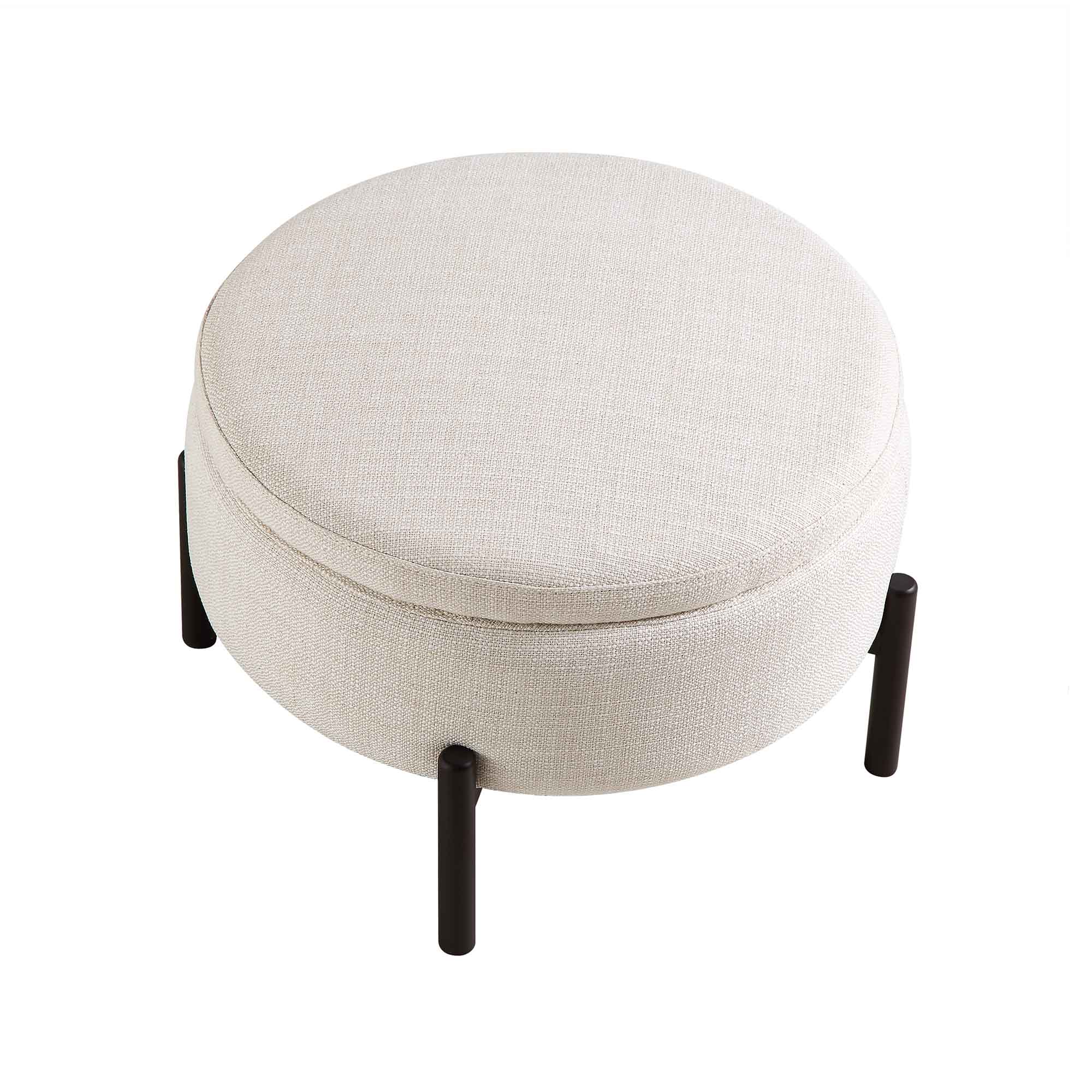 Round Storage Pouffe, Beige Linen Blend