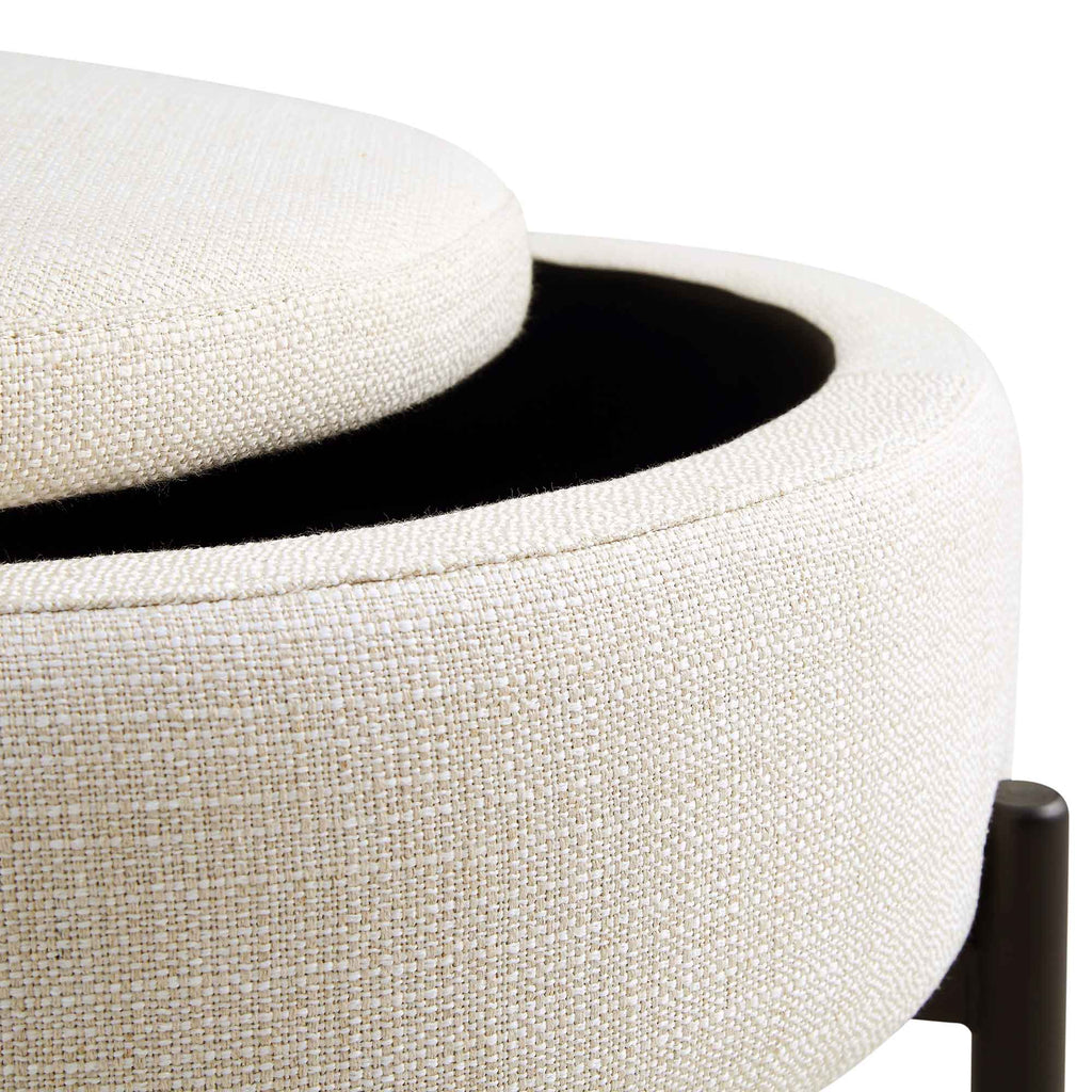 Round Storage Pouffe, Beige Linen Blend