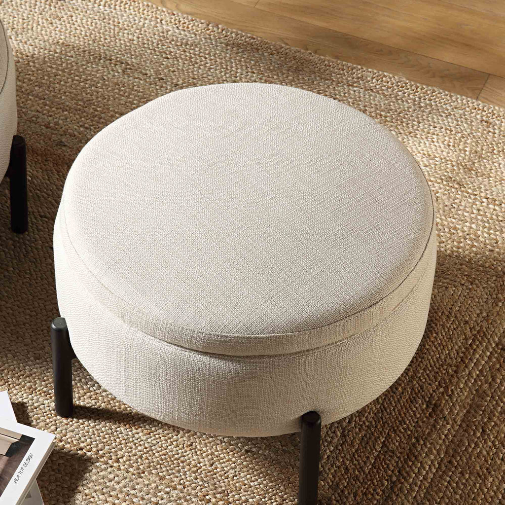 Round Storage Pouffe, Beige Linen Blend