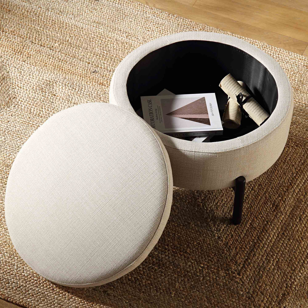 Round Storage Pouffe, Beige Linen Blend