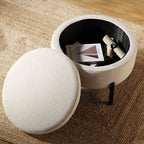 Round Storage Pouffe, Beige Linen Blend