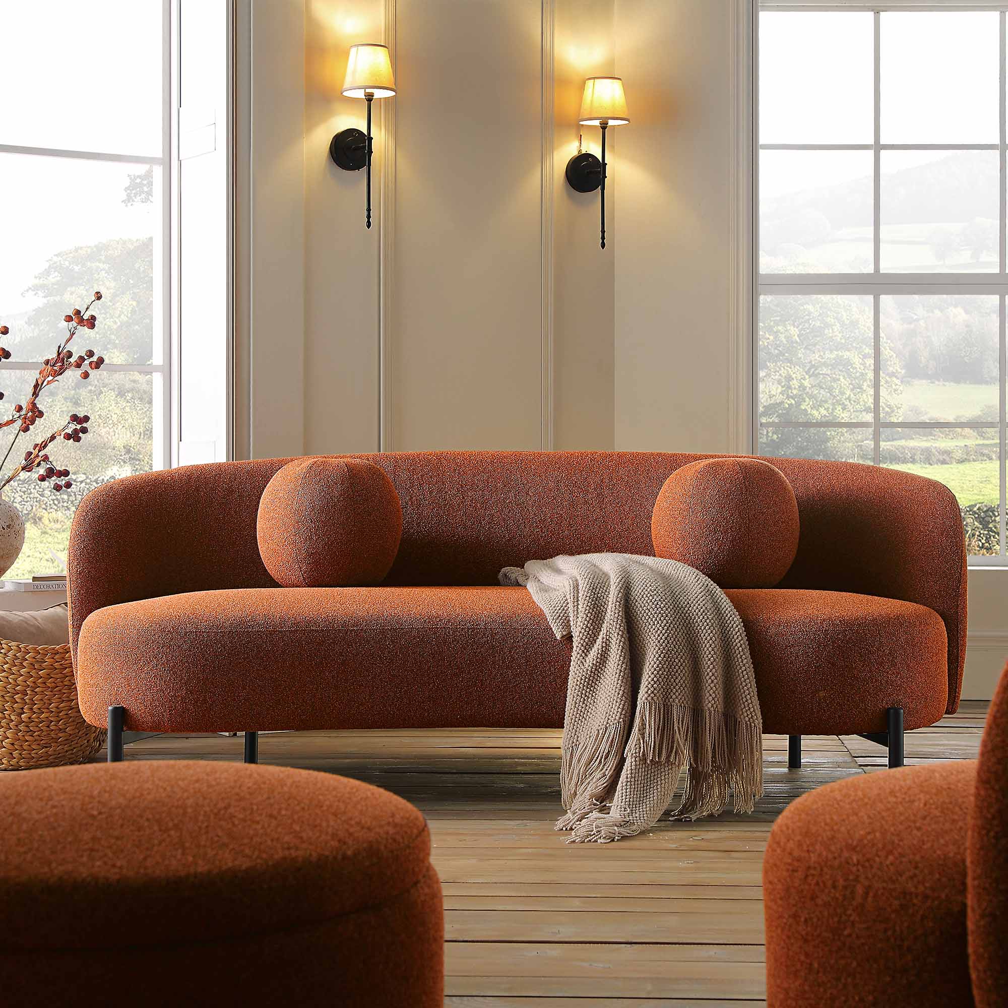 3-Seater Curved Sofa with Ball Cushions, Brick Boucle