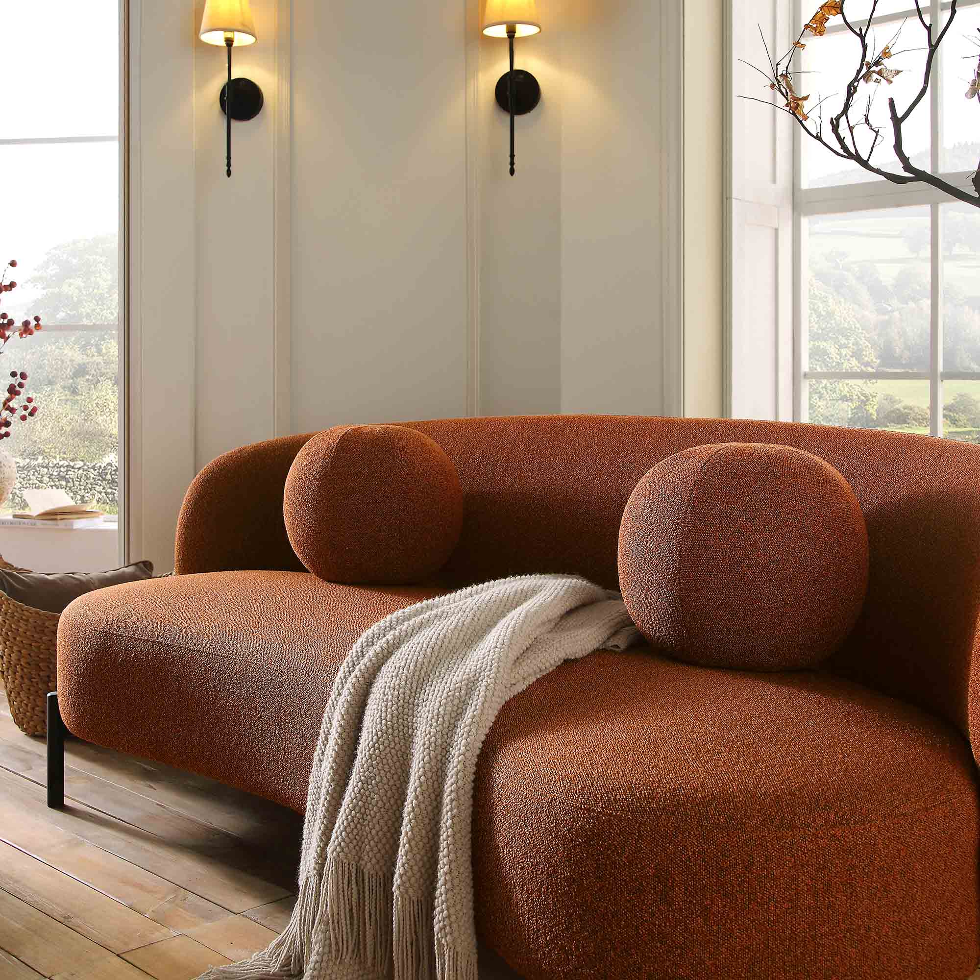 3-Seater Curved Sofa with Ball Cushions, Brick Boucle