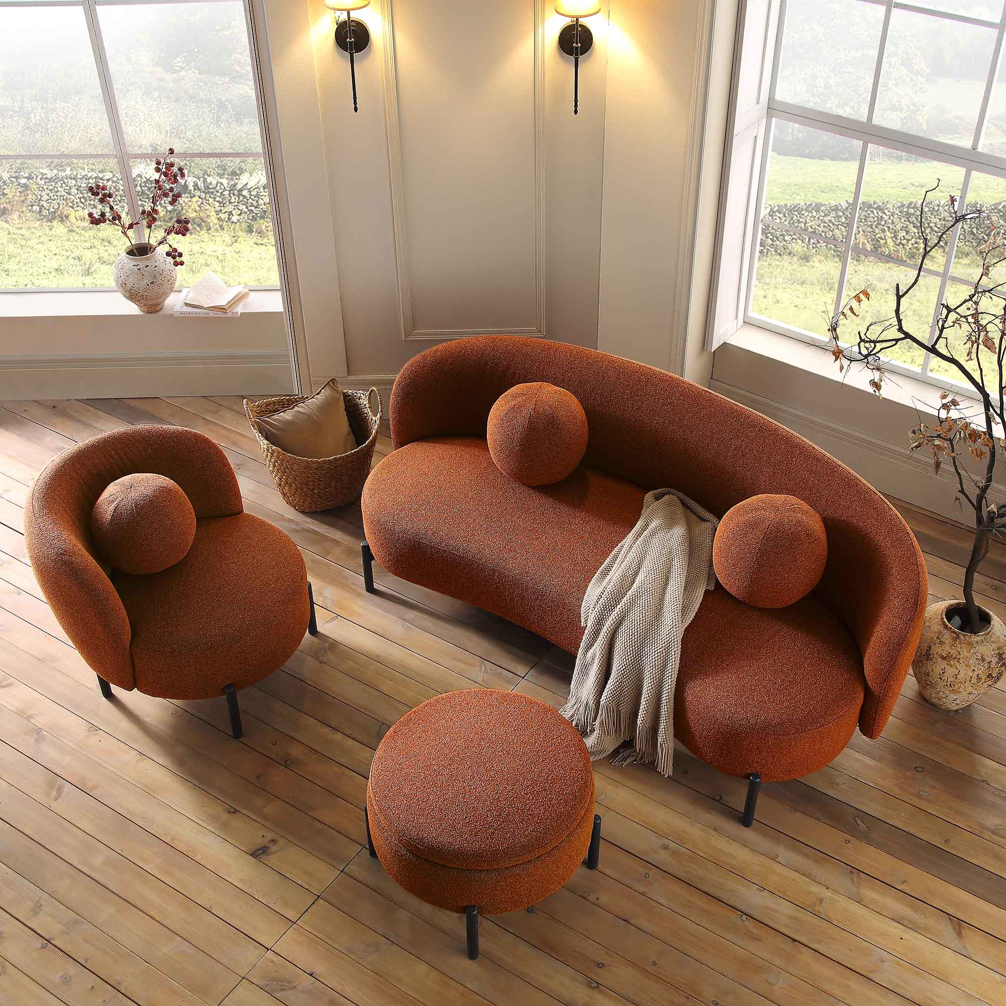 3-Seater Curved Sofa with Ball Cushions, Brick Boucle