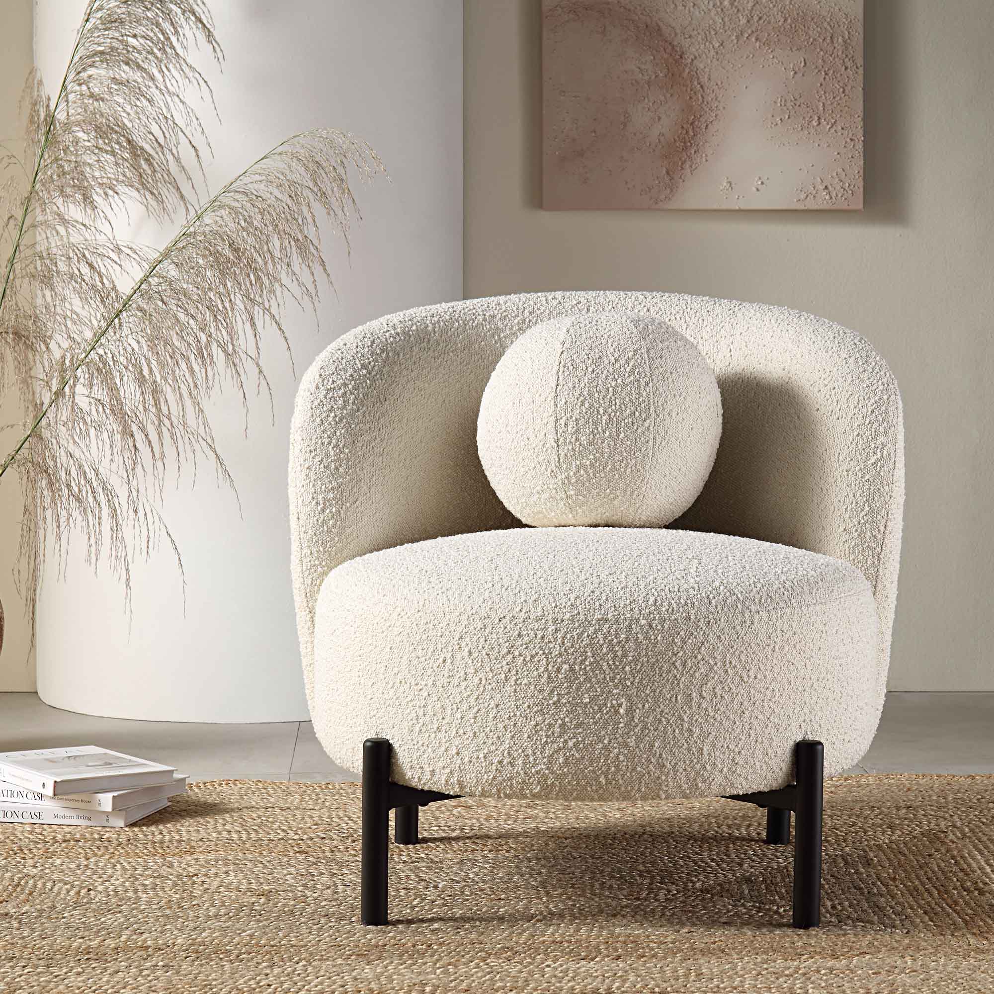Armchair with Ball Cushion, Ecru Boucle