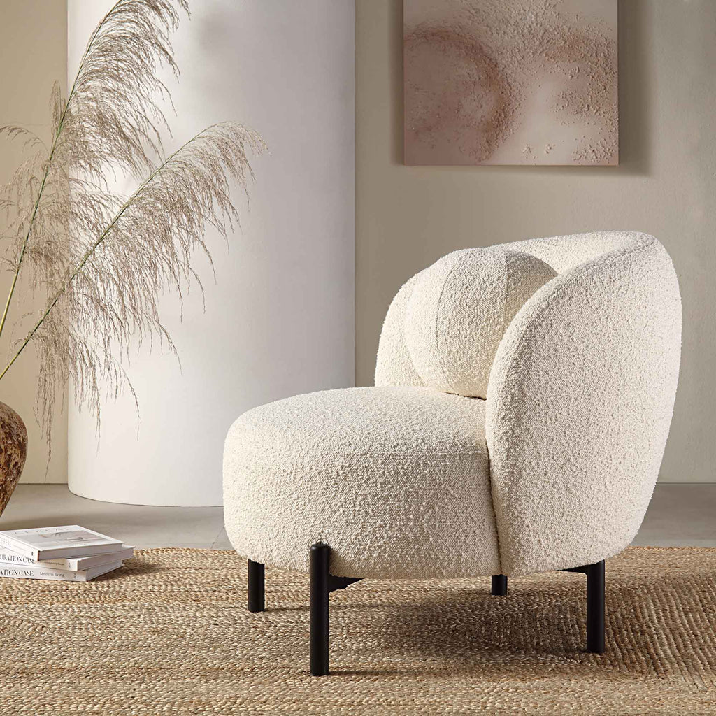 Armchair with Ball Cushion, Ecru Boucle