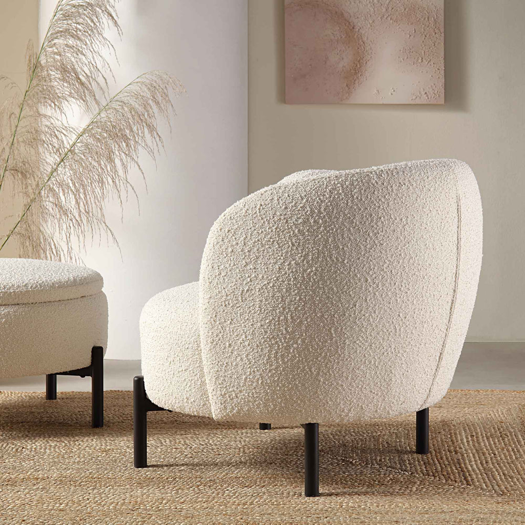 Armchair with Ball Cushion, Ecru Boucle