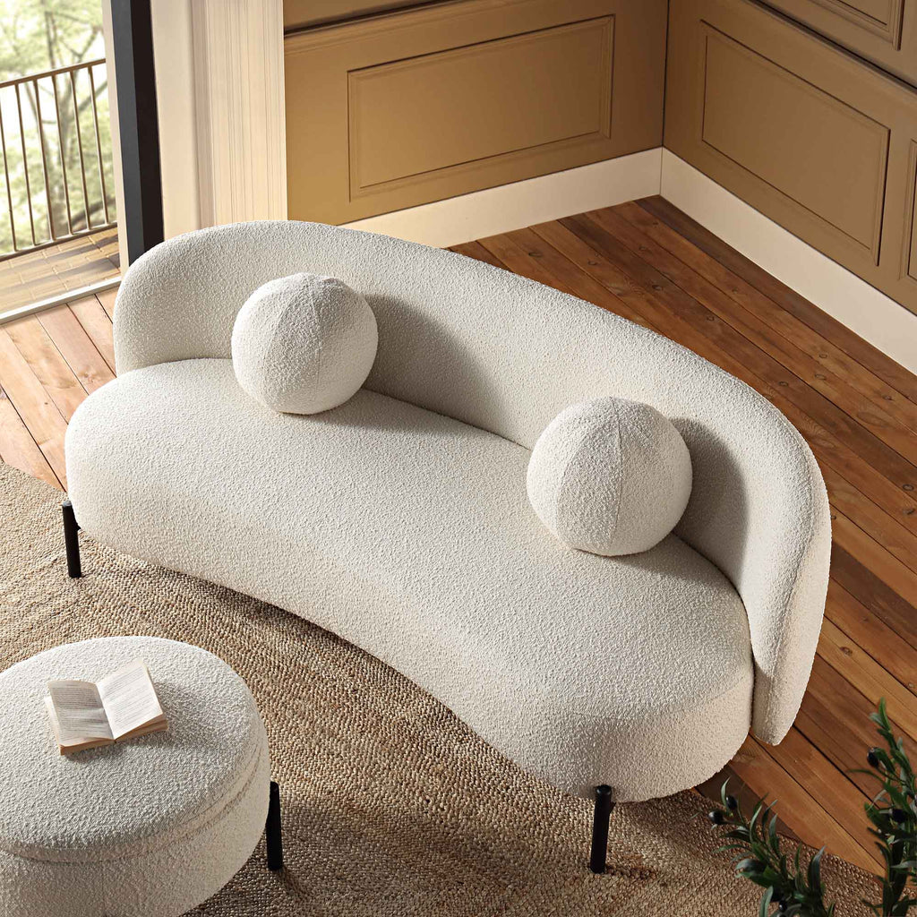 3-Seater Curved Sofa with Ball Cushions, Ecru Boucle