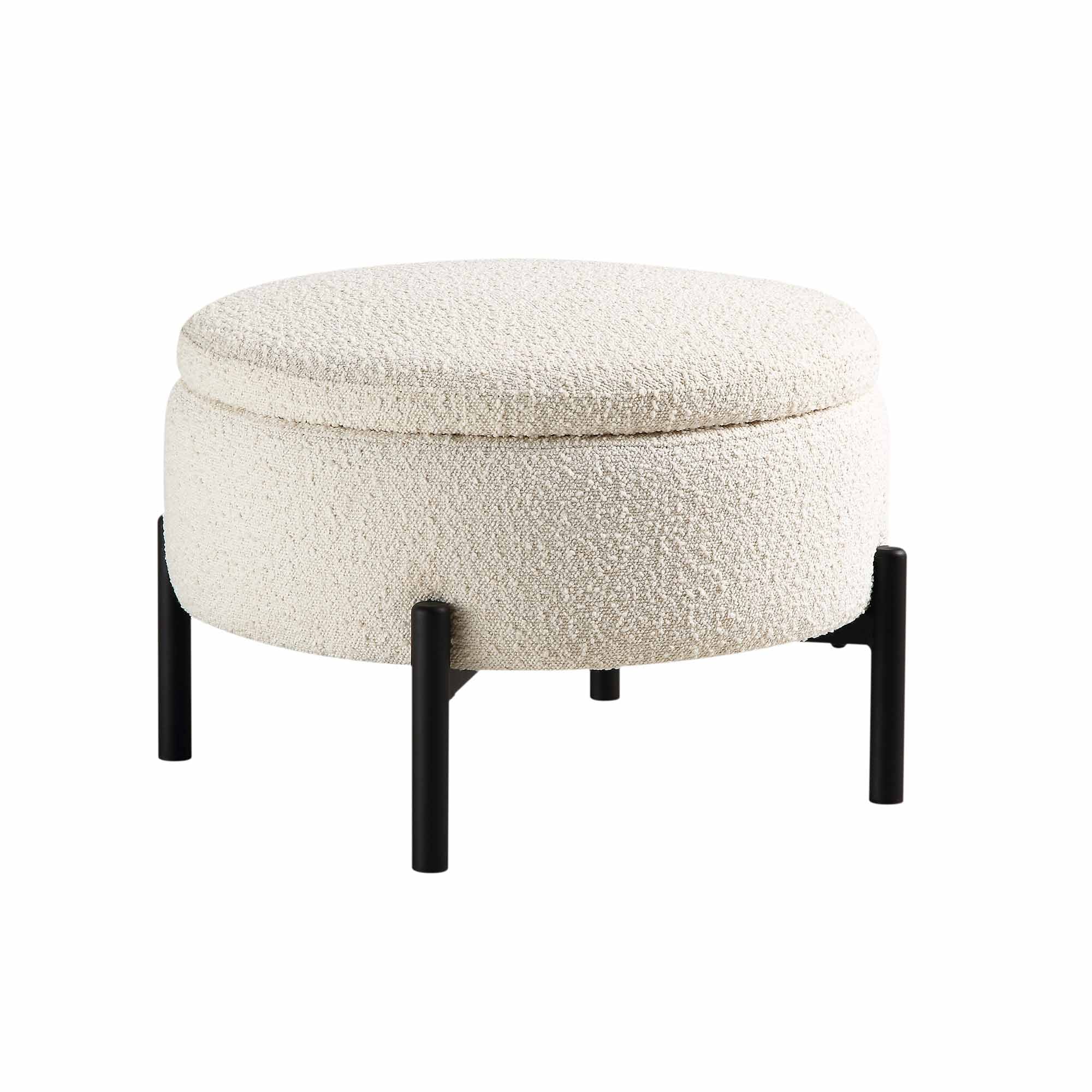 26.8" Ecru Boucle Storage Ottoman - Multi-Functional Round Pouffe with Hidden Storage & Metal Legs