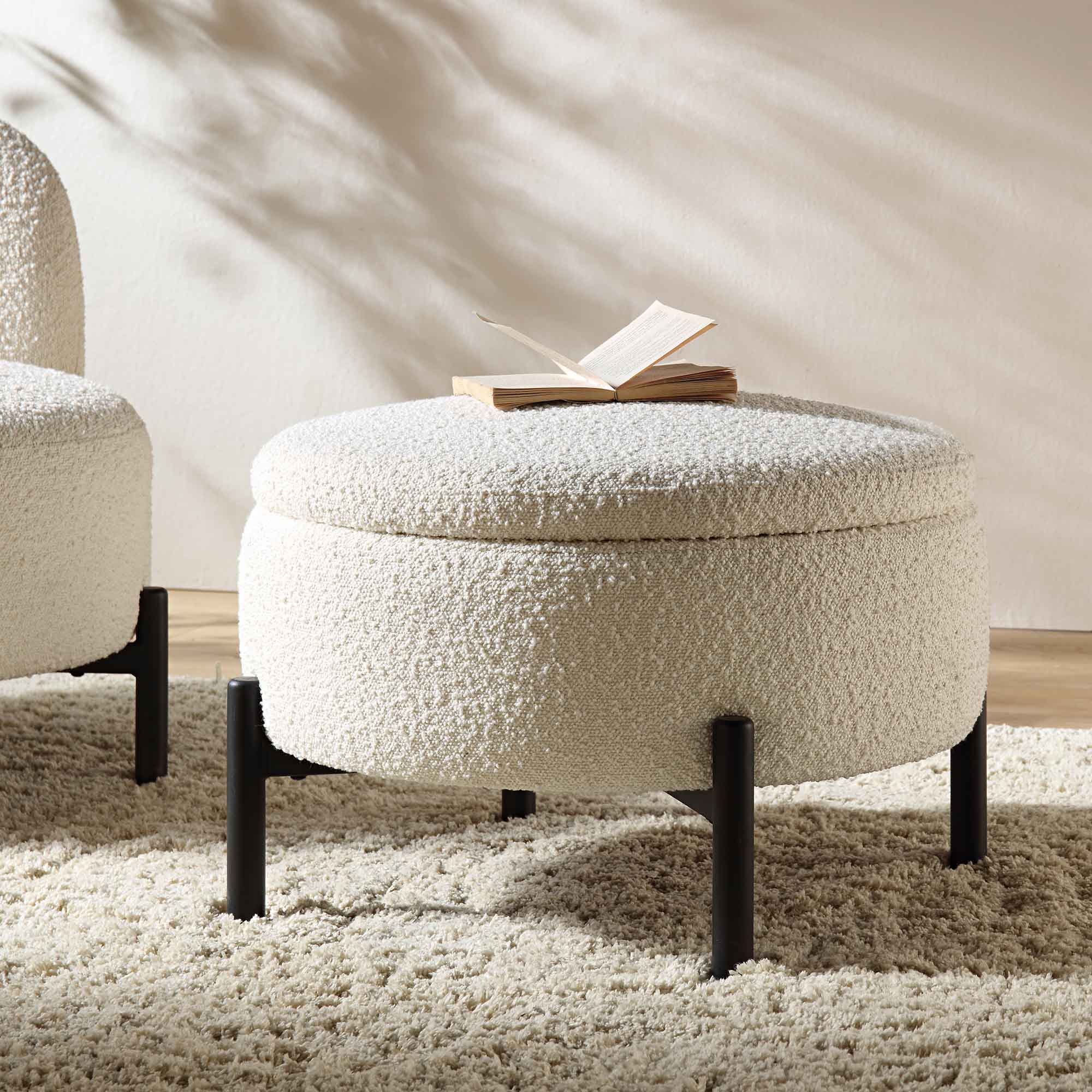 26.8" Ecru Boucle Storage Ottoman - Multi-Functional Round Pouffe with Hidden Storage & Metal Legs