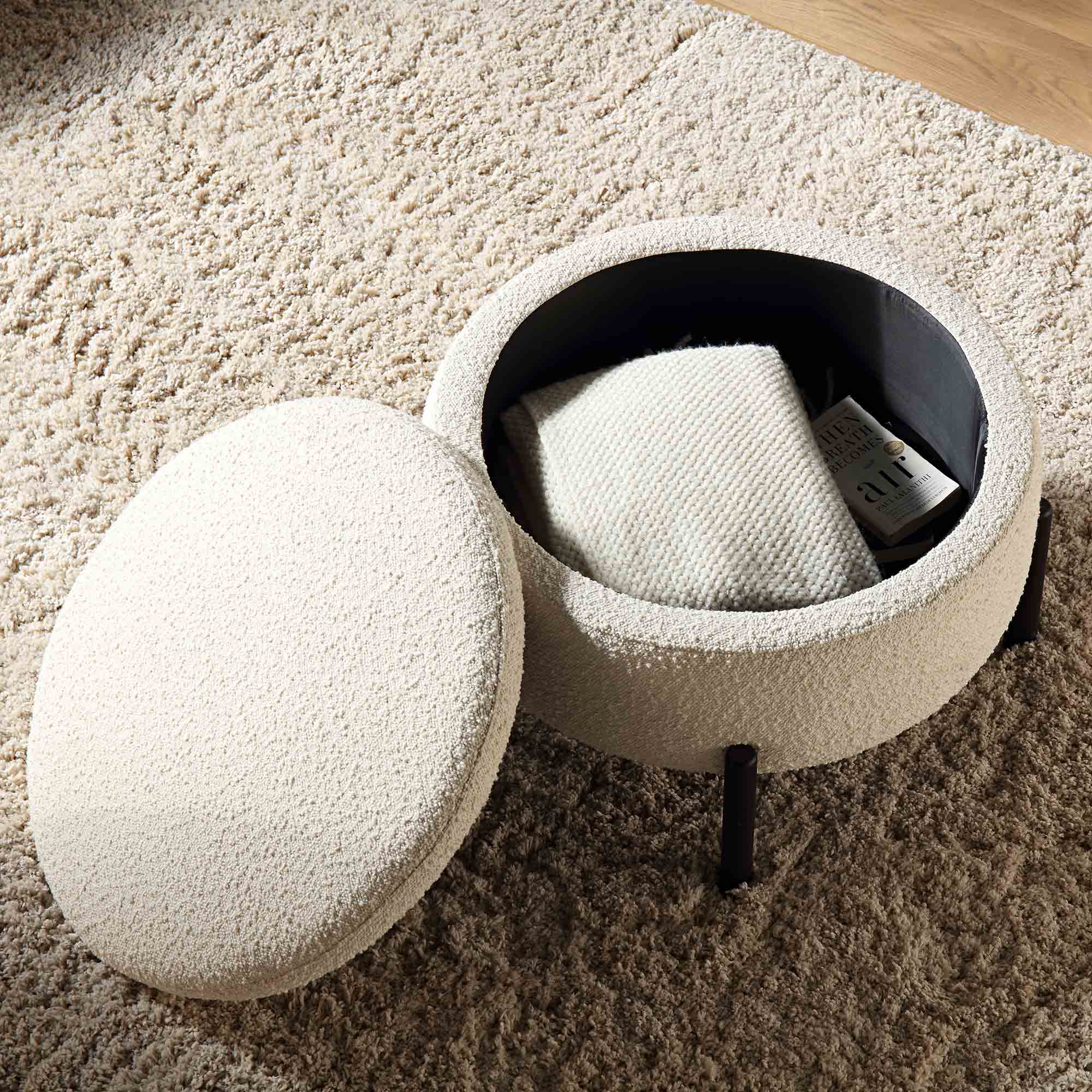 26.8" Ecru Boucle Storage Ottoman - Multi-Functional Round Pouffe with Hidden Storage & Metal Legs