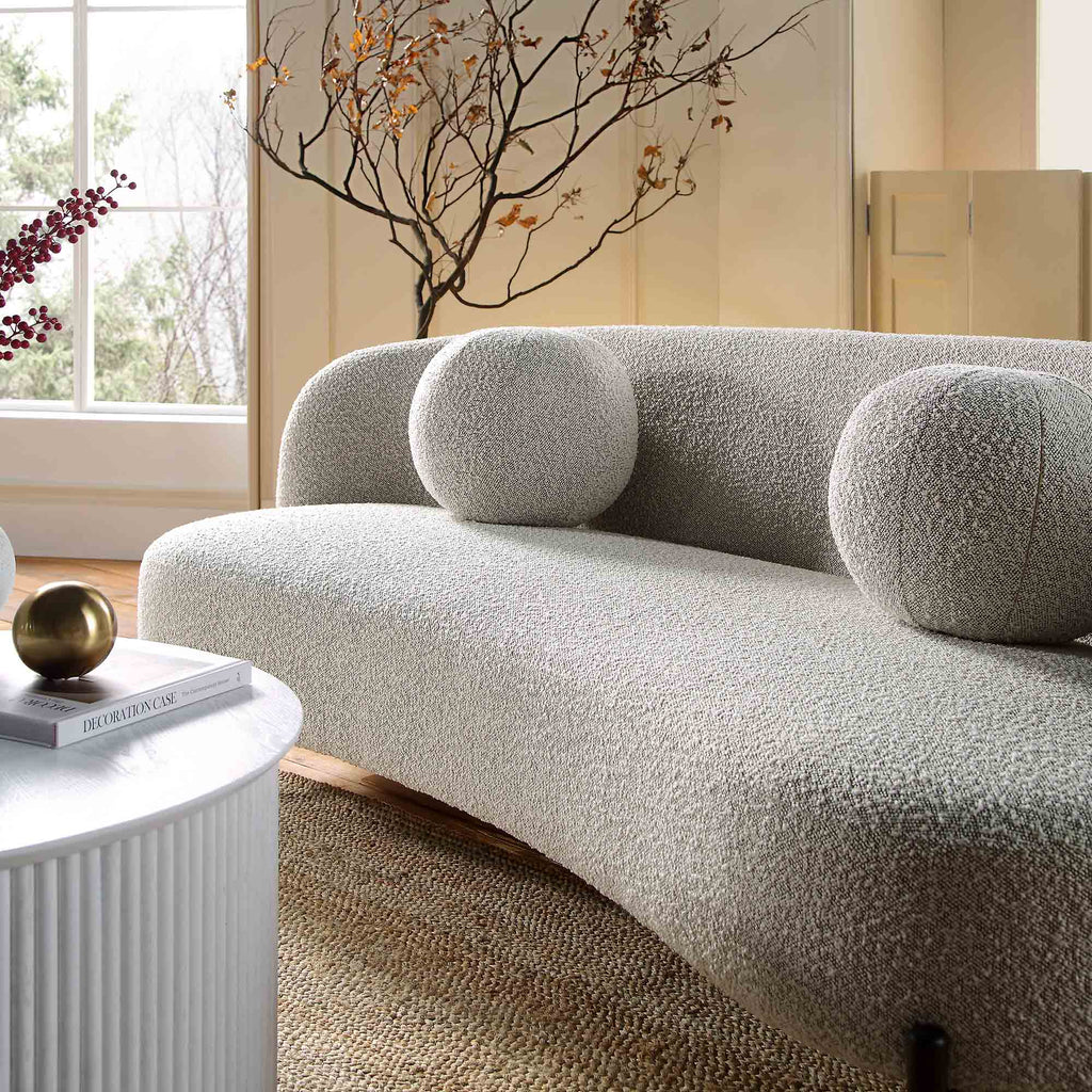 3-Seater Curved Sofa with Ball Cushions, Mist Gray Boucle