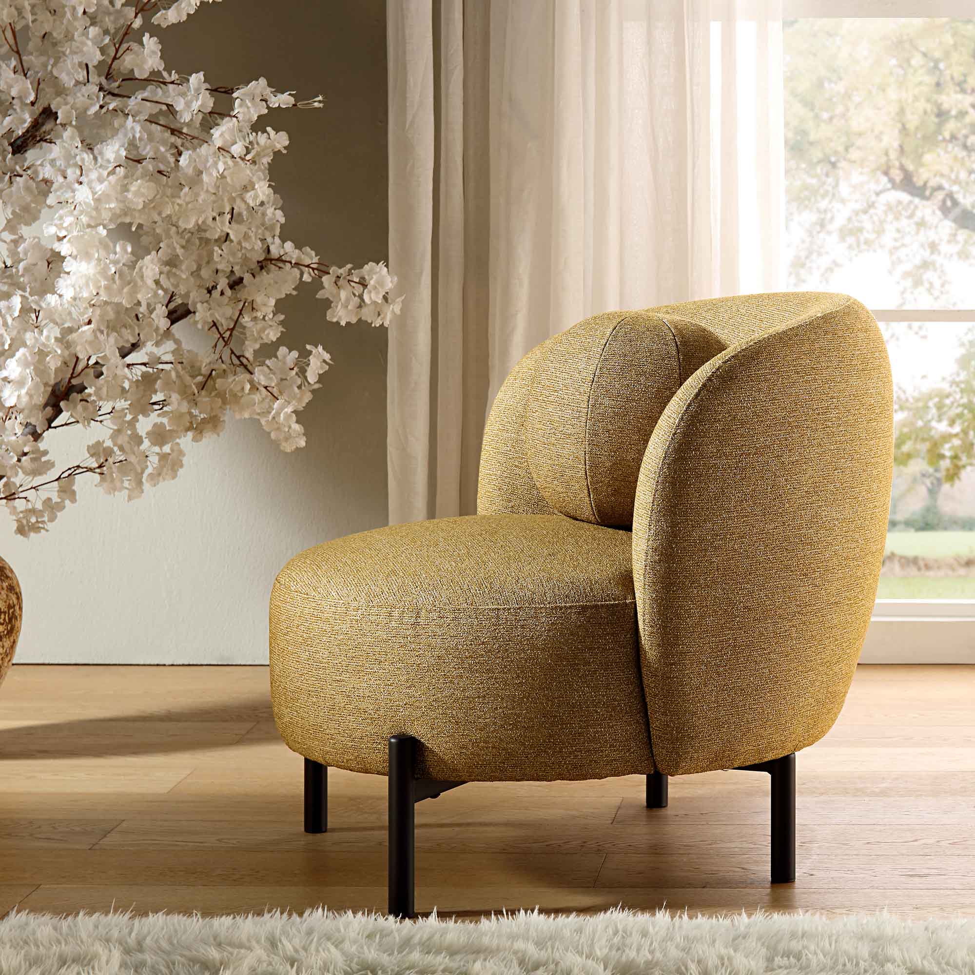 Armchair with Ball Cushion, Marigold Textured Fabric