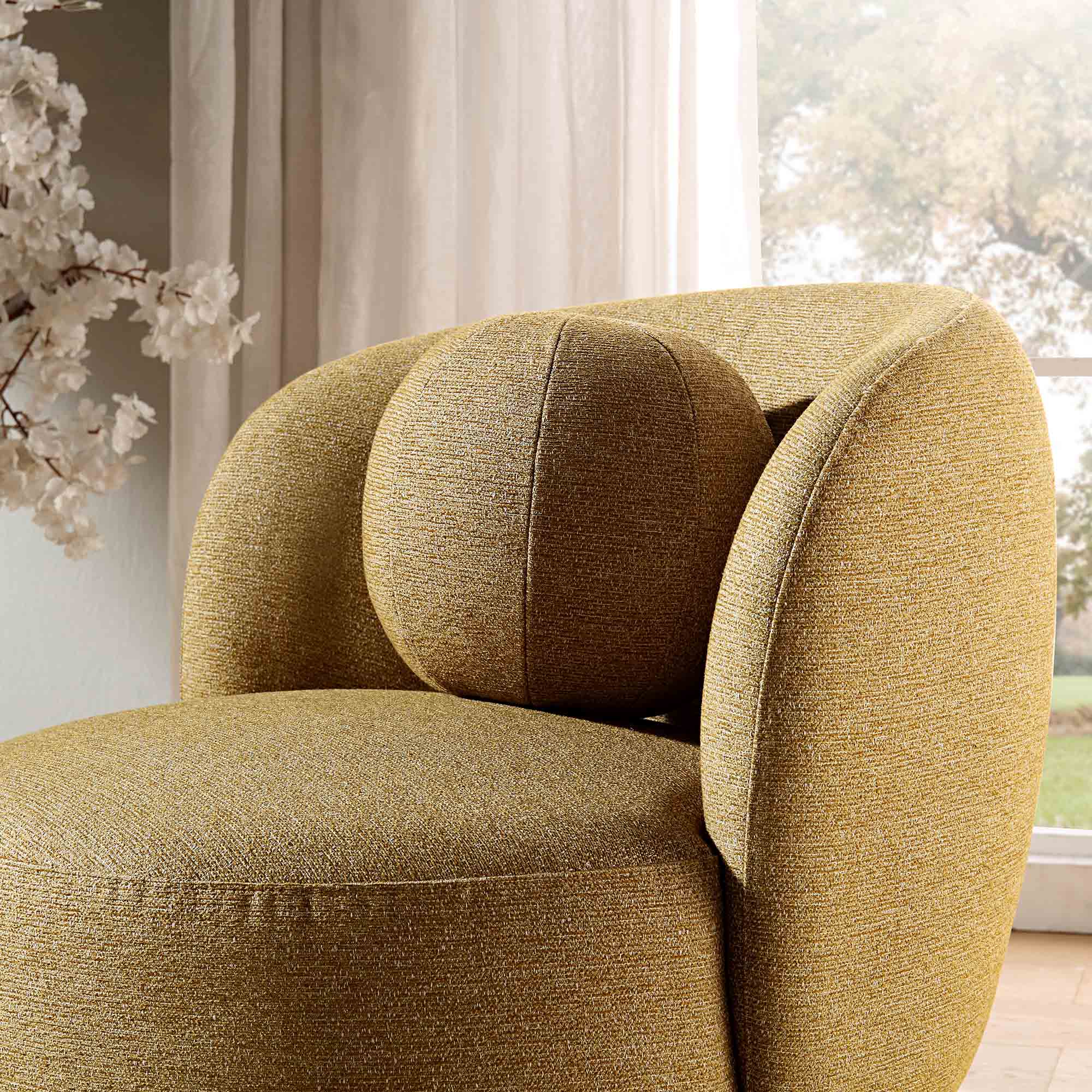 Armchair with Ball Cushion, Marigold Textured Fabric