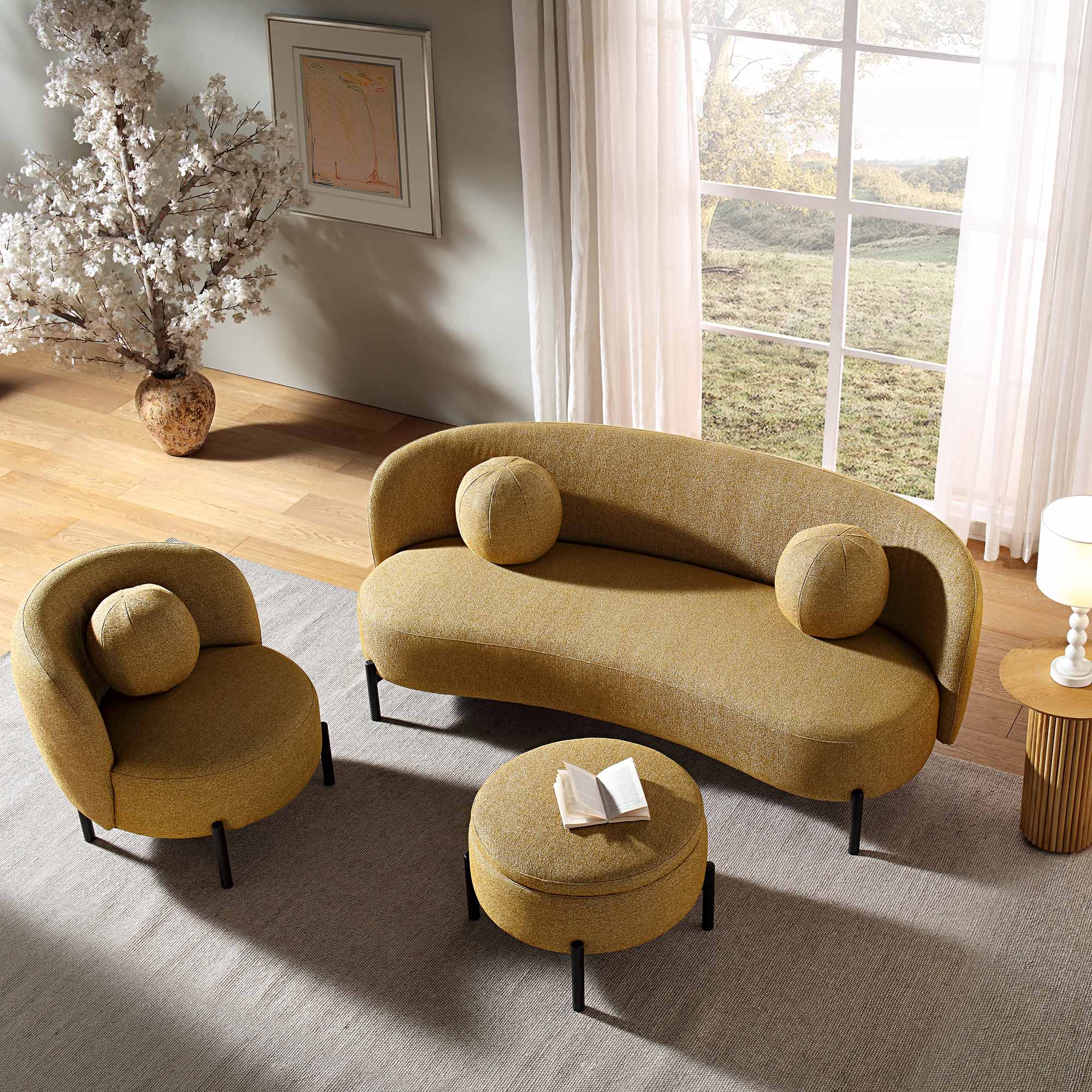 3-Seater Curved Sofa with Ball Cushions, Marigold Textured Fabric