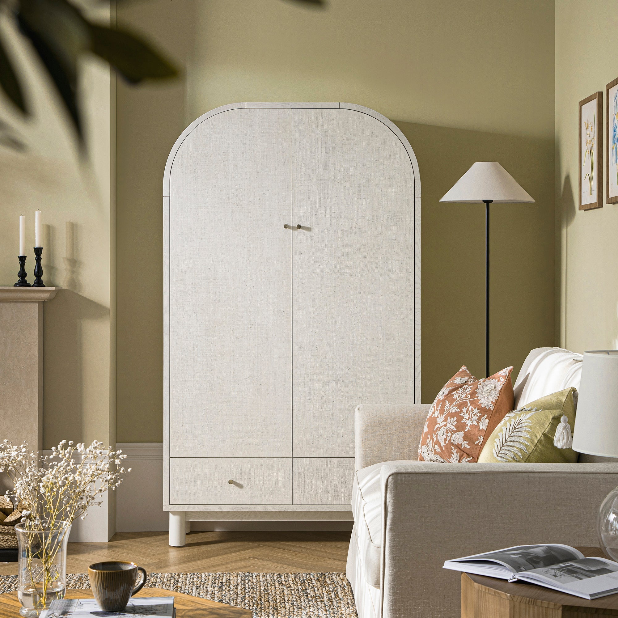 Large Storage Cabinet, Washed White Ash with Raffia