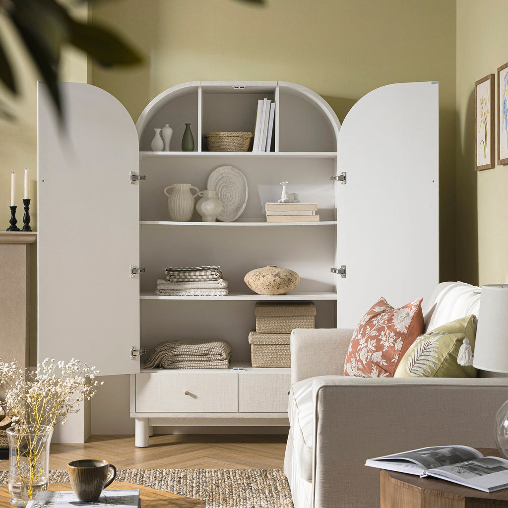 Large Storage Cabinet, Washed White Ash with Raffia