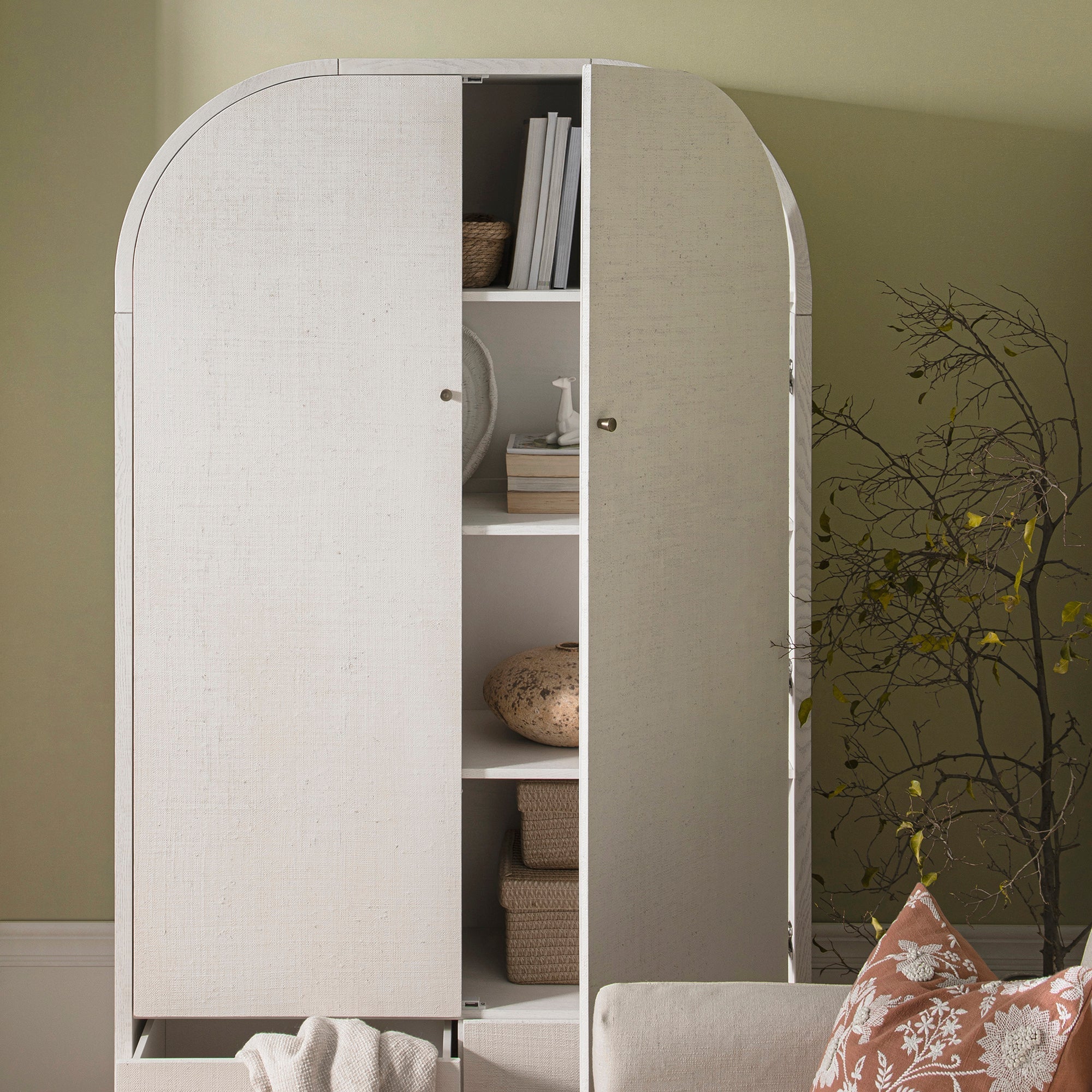 Large Storage Cabinet, Washed White Ash with Raffia