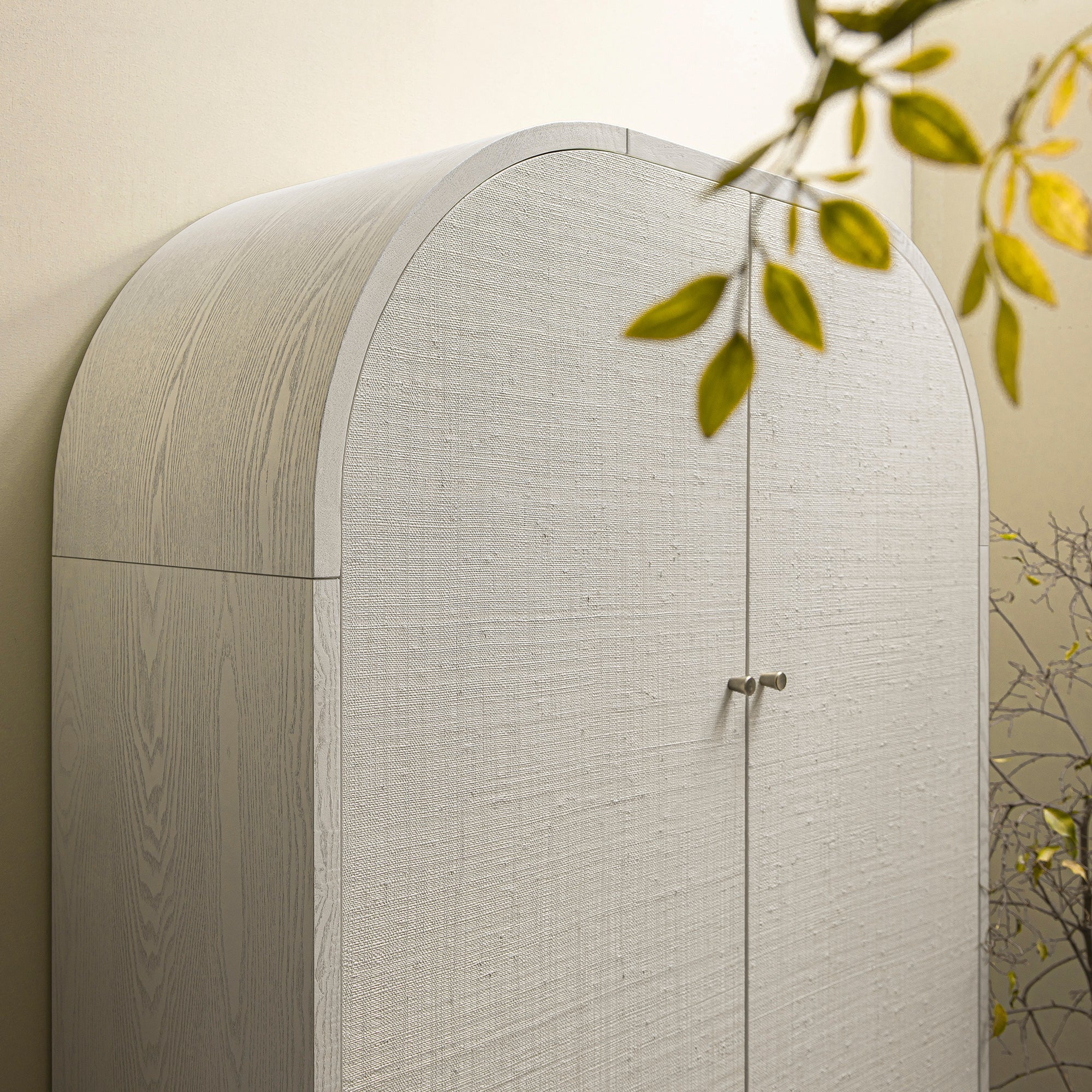 Large Storage Cabinet, Washed White Ash with Raffia