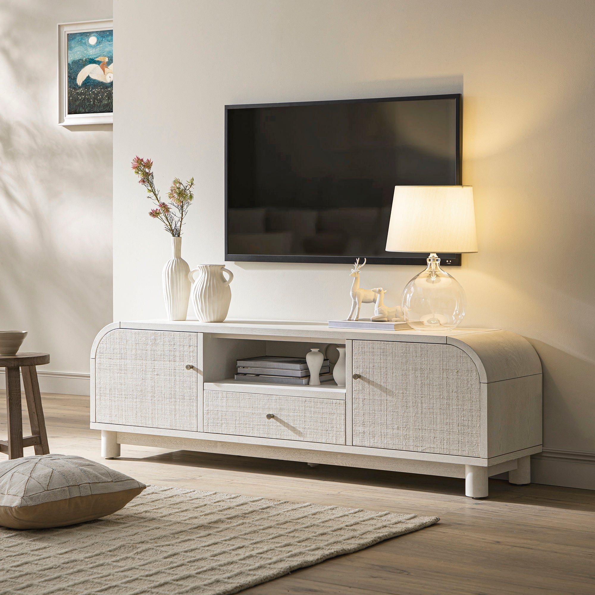 TV Unit, Washed White Ash with Raffia