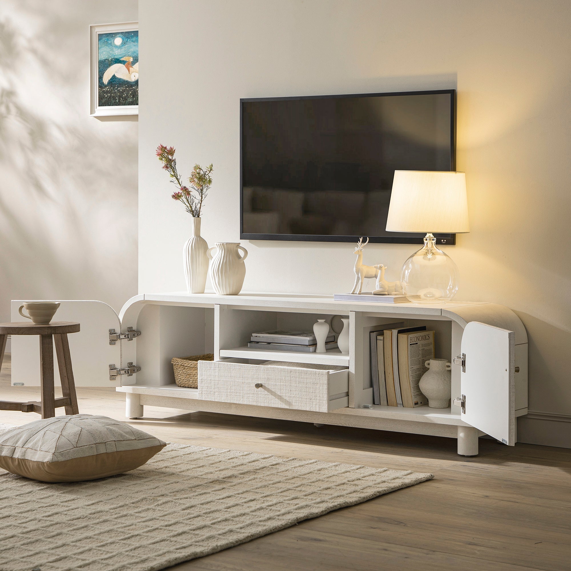 TV Unit, Washed White Ash with Raffia