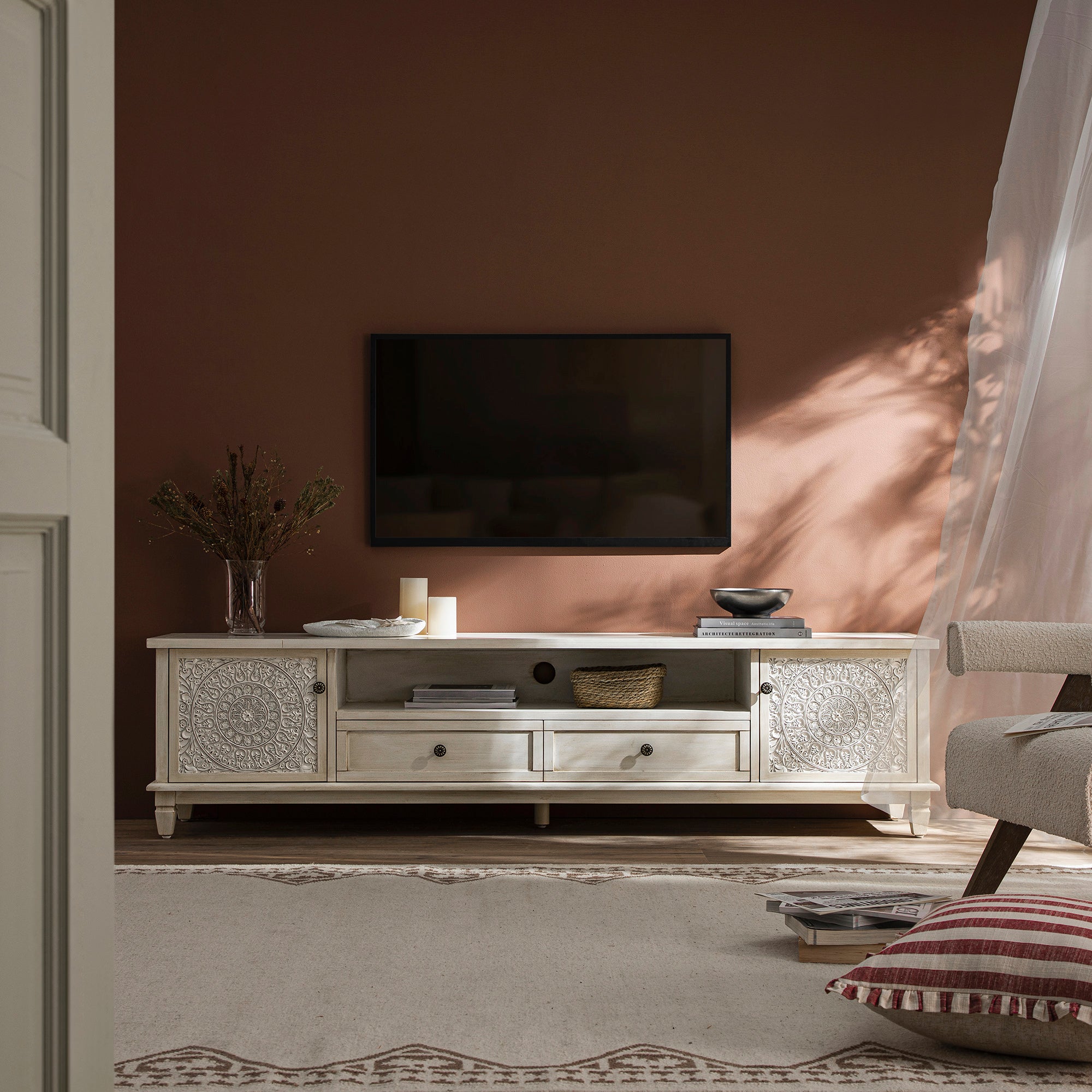 Whitewashed 79 Wide TV Stand