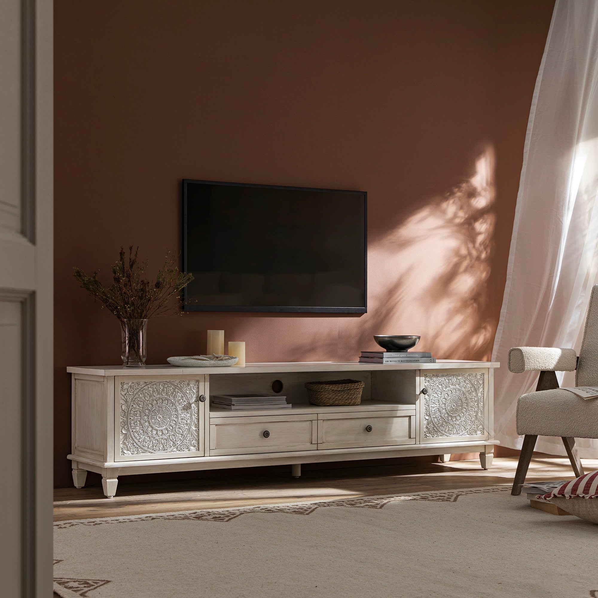 Whitewashed 79 Wide TV Stand
