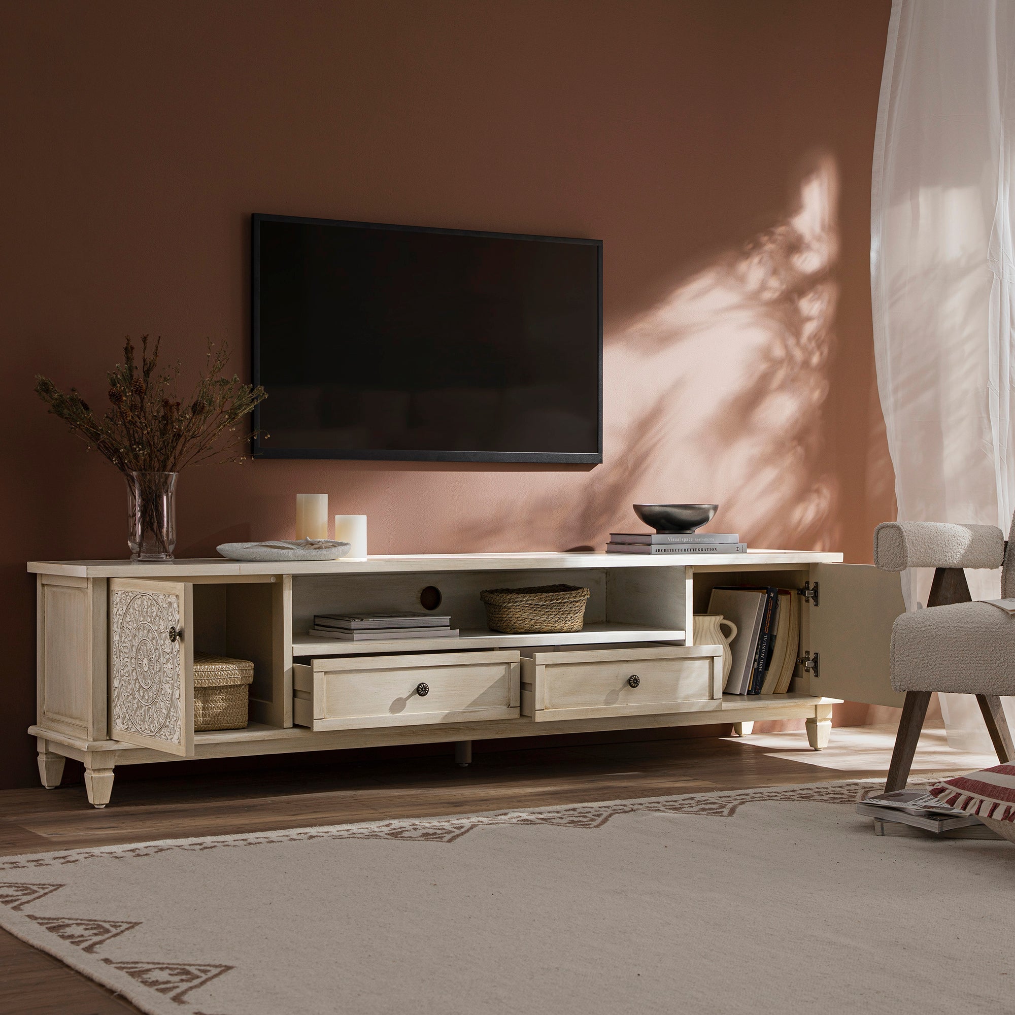 Whitewashed 79 Wide TV Stand