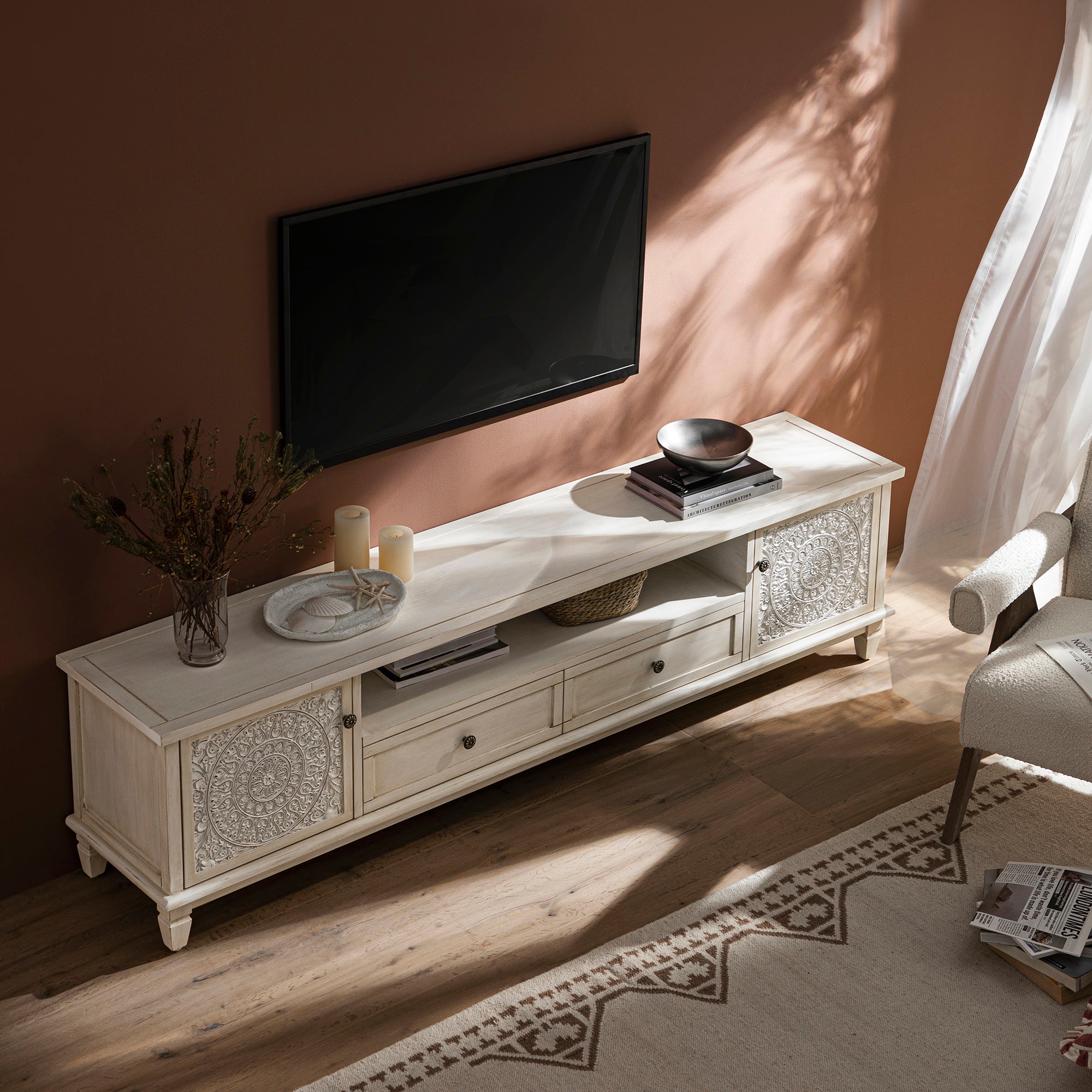 Whitewashed 79 Wide TV Stand