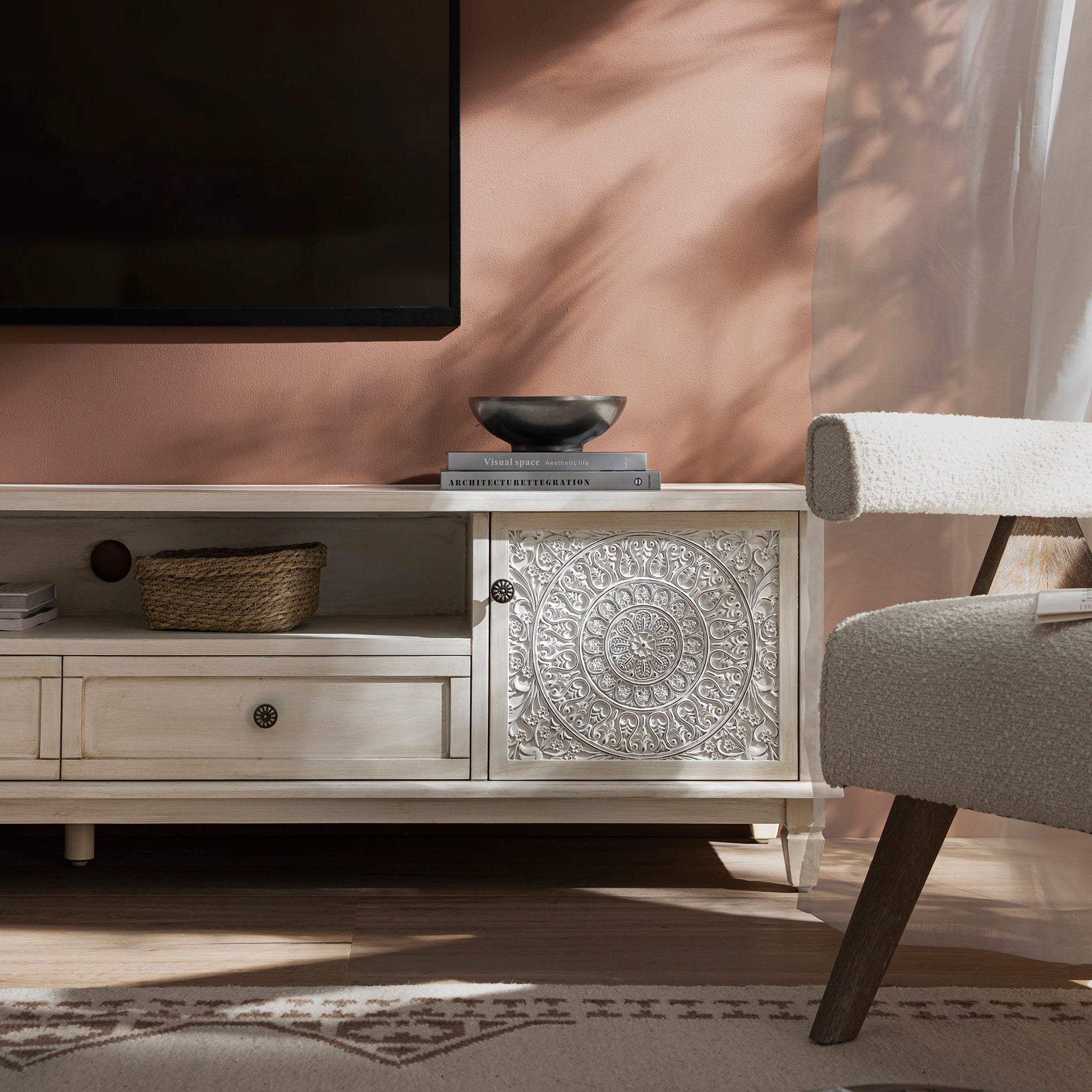 Whitewashed 79 Wide TV Stand
