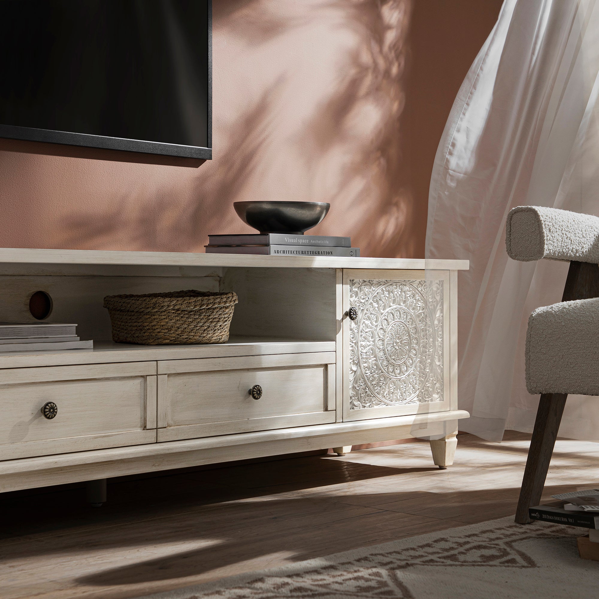 Whitewashed 79 Wide TV Stand