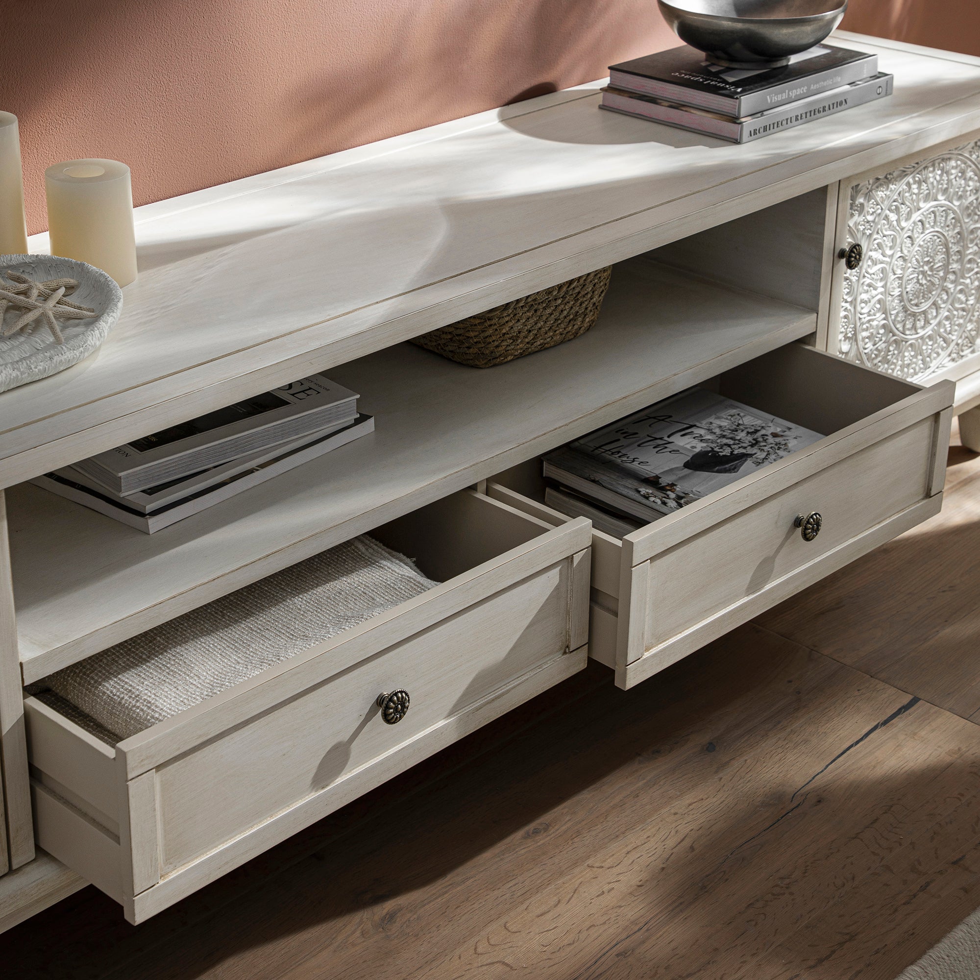 Whitewashed 79 Wide TV Stand